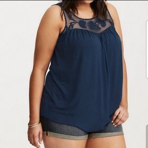 Navy embroidered mesh inset tank